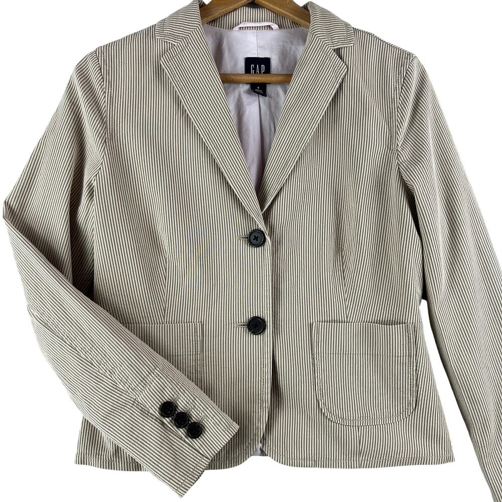 VTG 2006 Gap Womens Academy Seersucker Blazer 6 Tan White Striped Cotton Jacket